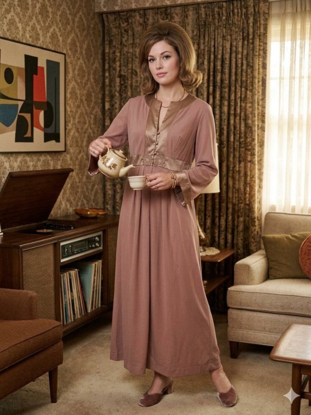 Vintage Gossard Artemis Mauve Satin House Dress Gown Medium Large 60's 70's